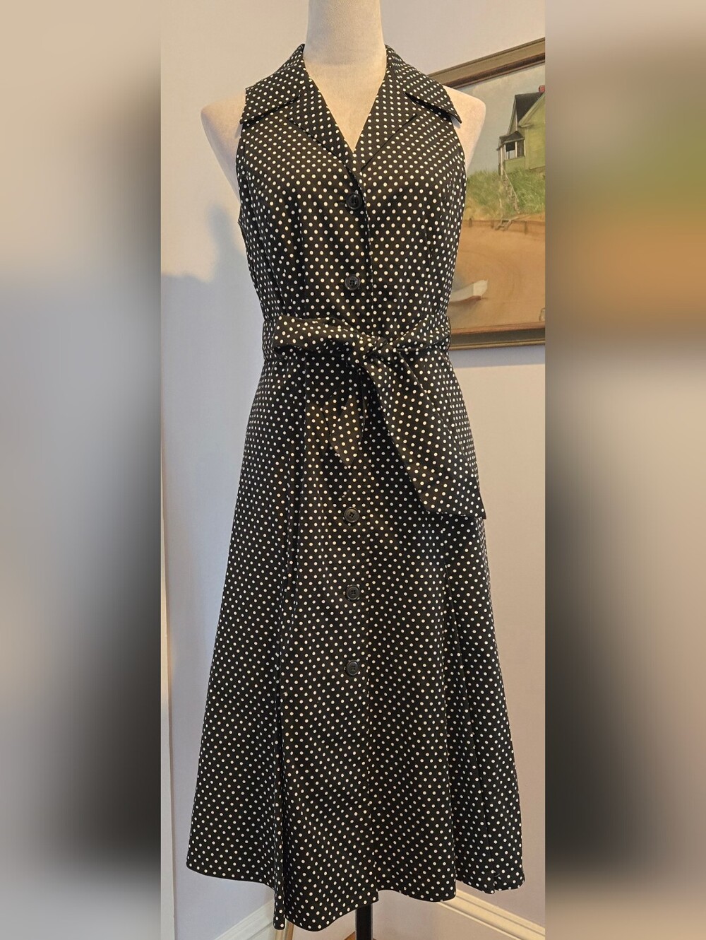 Talbots Polka Dot Button-Front A-Line Dress with Waist Tie - Black/White sz 6